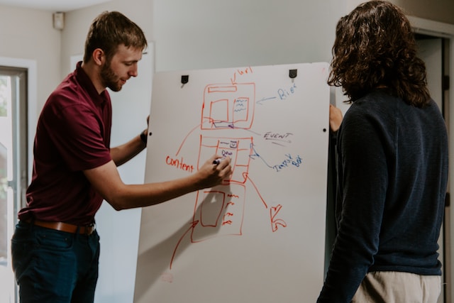 a man and a woman discussing content plan